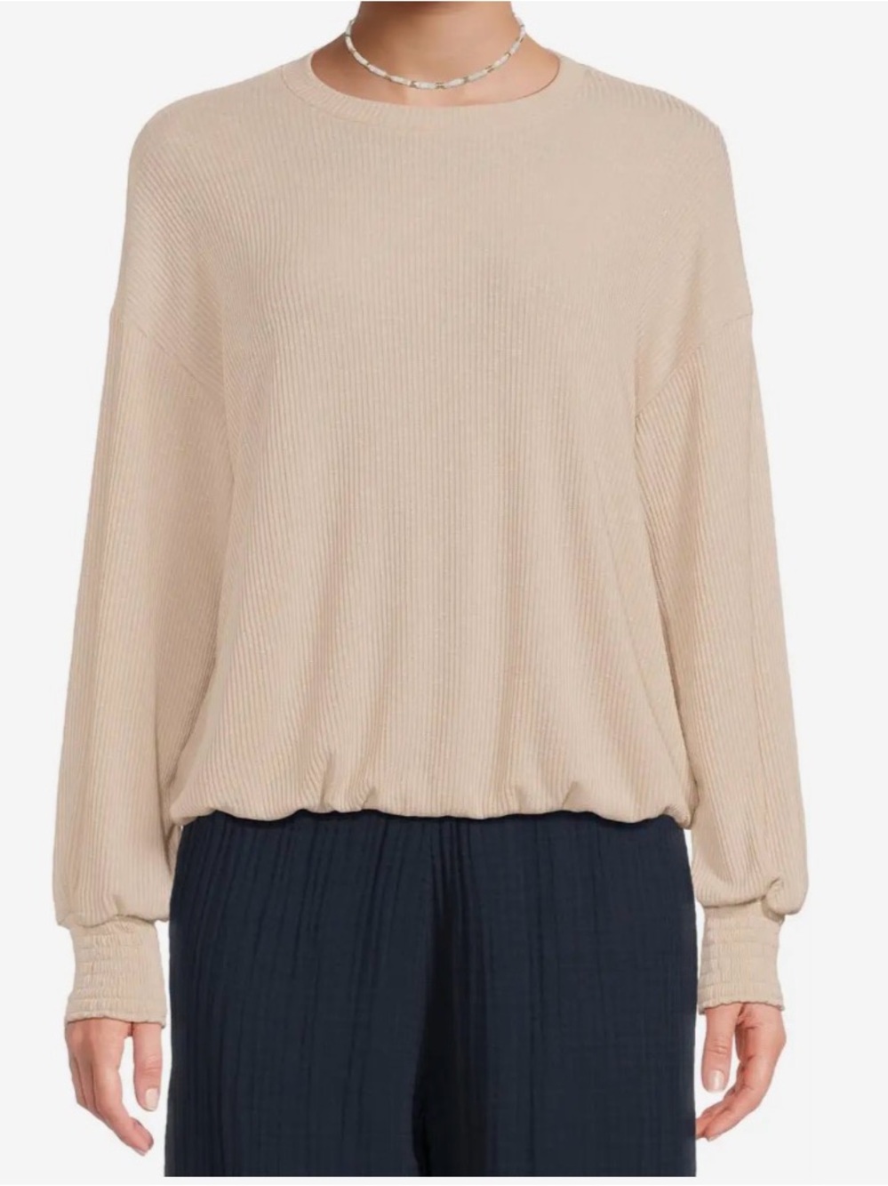 Tia Ribbed Crew Neck Sweatshirt w/ Smocked Cuffs